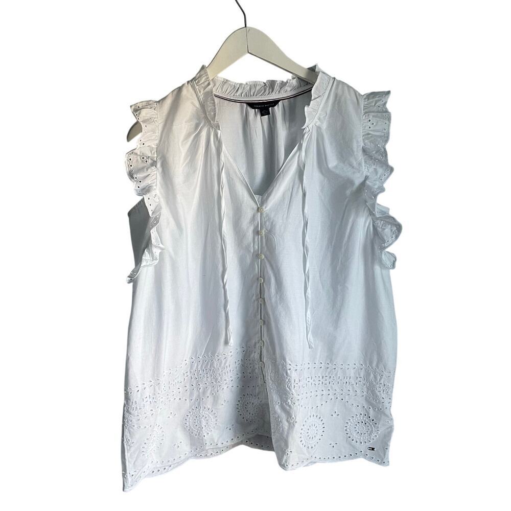 Tommy Hilfiger Boho Poplin White Sleeveless Ruffle Top XL Preppy Clean Office